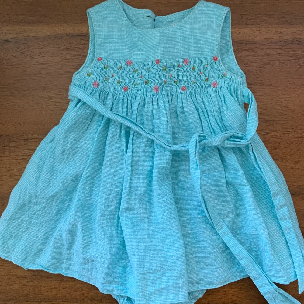 Teal blue smocked baby girl dress 6m